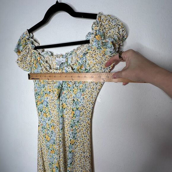 Topshop Cute Yellow Multi Color Ditsy Floral Off Shoulder Mini Puff Sleeve 4 - Picture 12 of 15